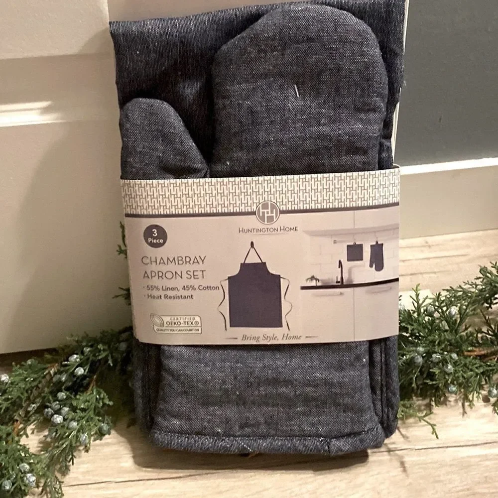 Huntington Home Linen Blend 3 Piece Apron Potholder Set